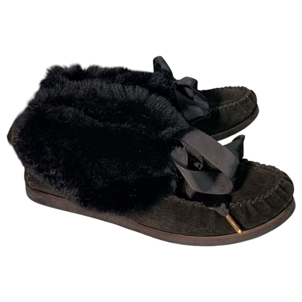 Tory Burch Aberdeen Slipper Moccasin Ankle Women 9 Leather Suede Shearling Black - Picture 3 of 13